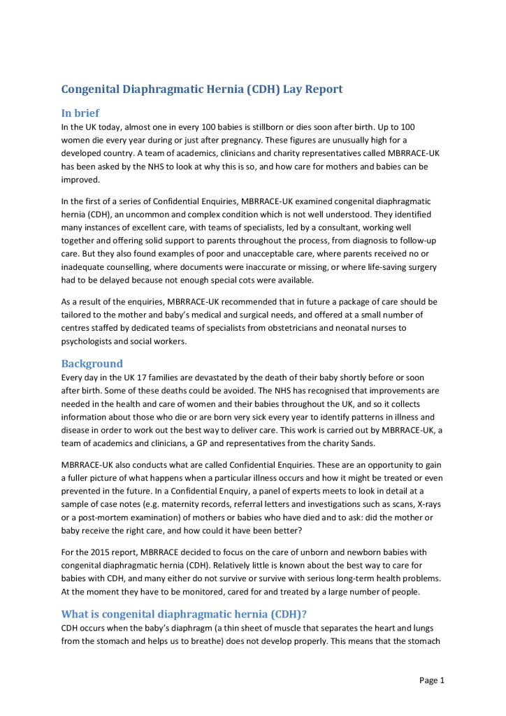 Congenital diaphragmatic hernia report – lay version