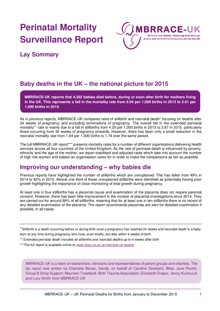 Maternal, Newborn and Infant programme: Perinatal Mortality Surveillance lay and summary report 2015