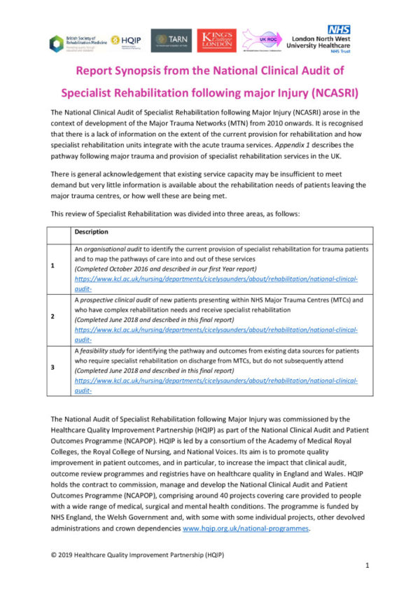 thumbnail of Ref 68. Specialist Rehabilitation – NCASRI final report synopsis FINAL