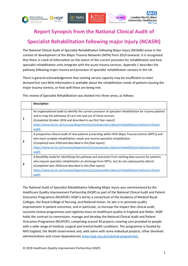 Report Synopsis – National Clinical Audit of Specialist Rehabilitation following Major Injury