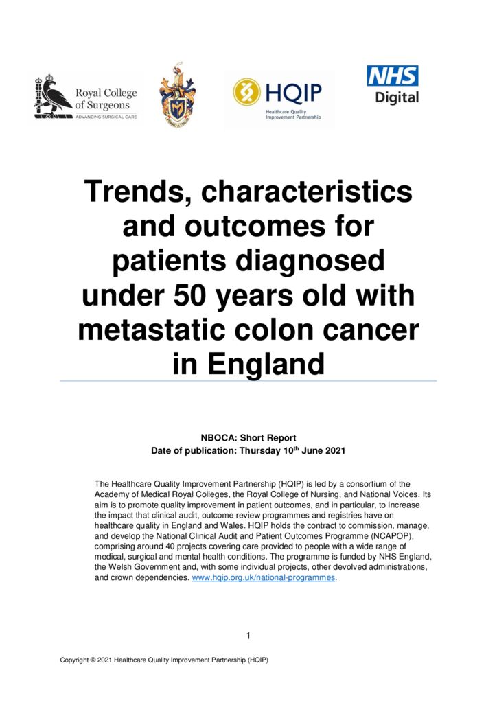 National Bowel Cancer Audit (NBoCA) – Trends, characteristics and outcomes for patients diagnosed under 50 years old with metastatic colon cancer in England