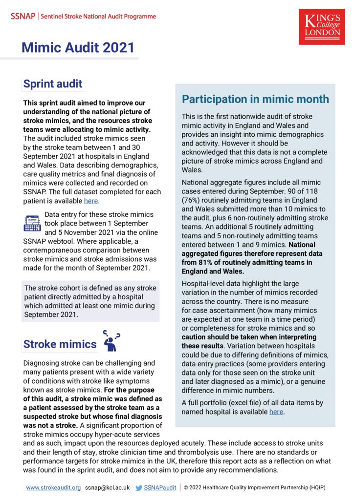 Sentinel Stroke National Audit Programme, Mimic Audit 2021: Short report