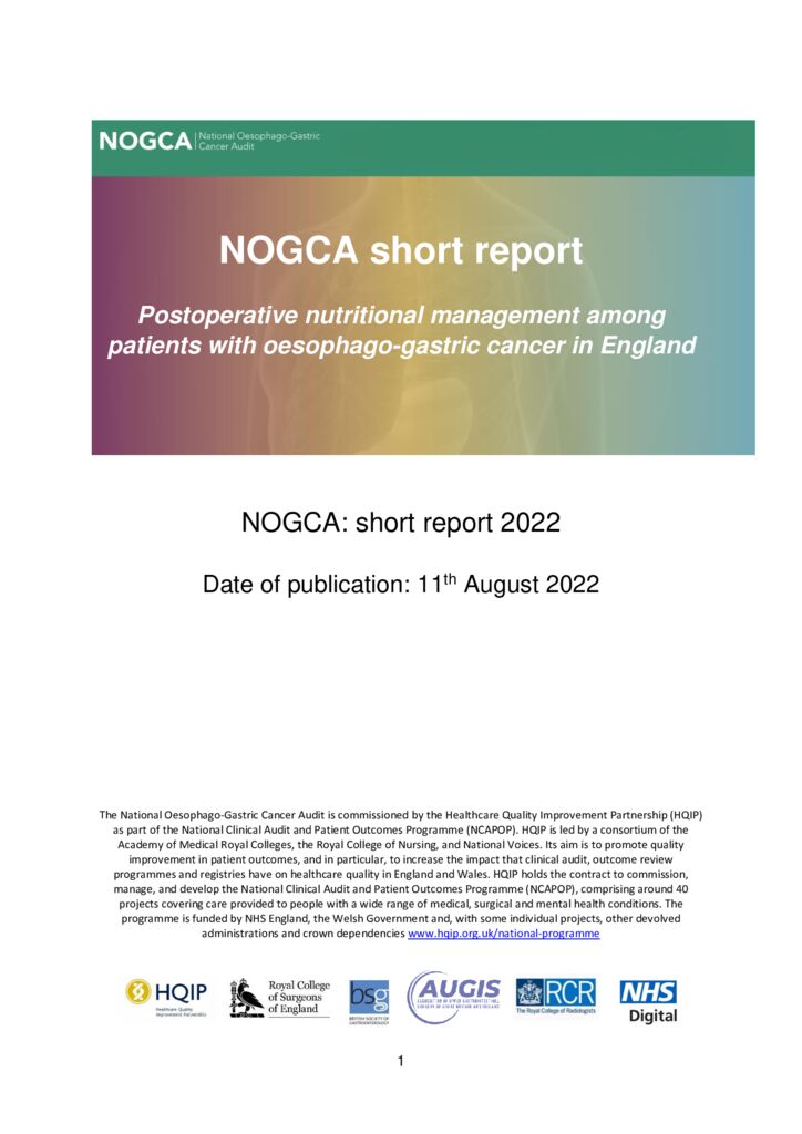 National Oesophago-Gastric Cancer Audit Short Report 2022: Postoperative nutritional management among patients with oesophago-gastric cancer in England