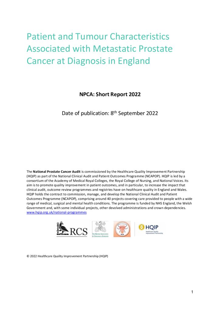 National Prostate Cancer Audit Short Report: Patient and tumour characteristics associated with metastatic prostate cancer diagnoses in England